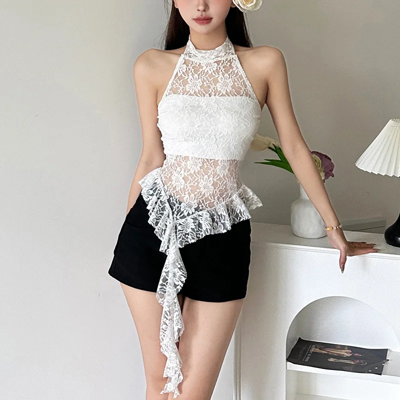 Uveng 2024 Summer New Women's Clothing Pure Desire To Hang The Neck Of The Open Back Irregular Side Of The Small Vest