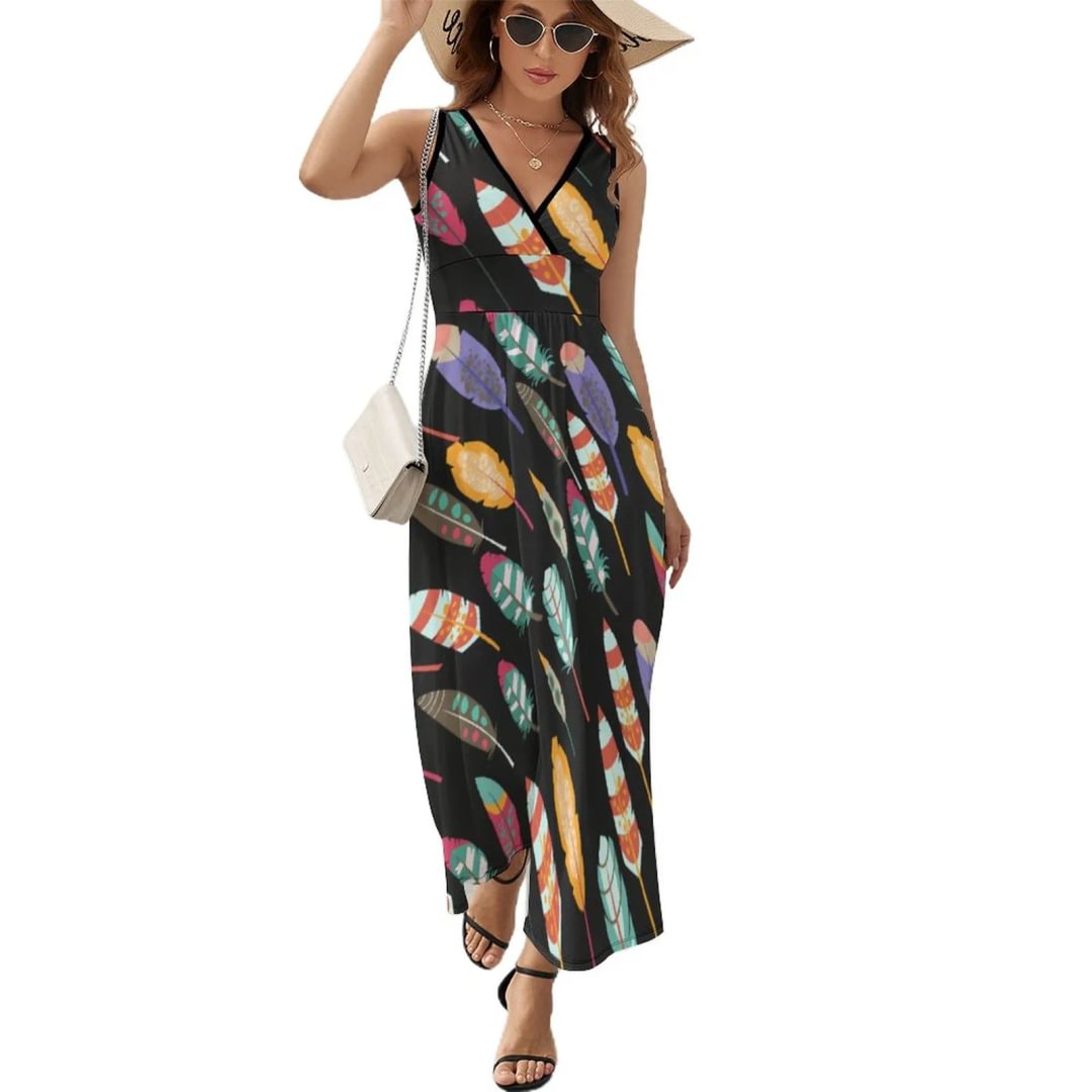 Boho Pluma Feathers Beach Women Casual Loose Maxi Sleeveless Dress Summer Printed Bohemian Beach Dresses