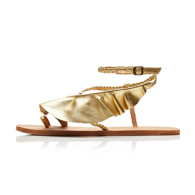 Gold Ruffle Greek Sandals Flat Summer Thong Sandals |FSJ Shoes