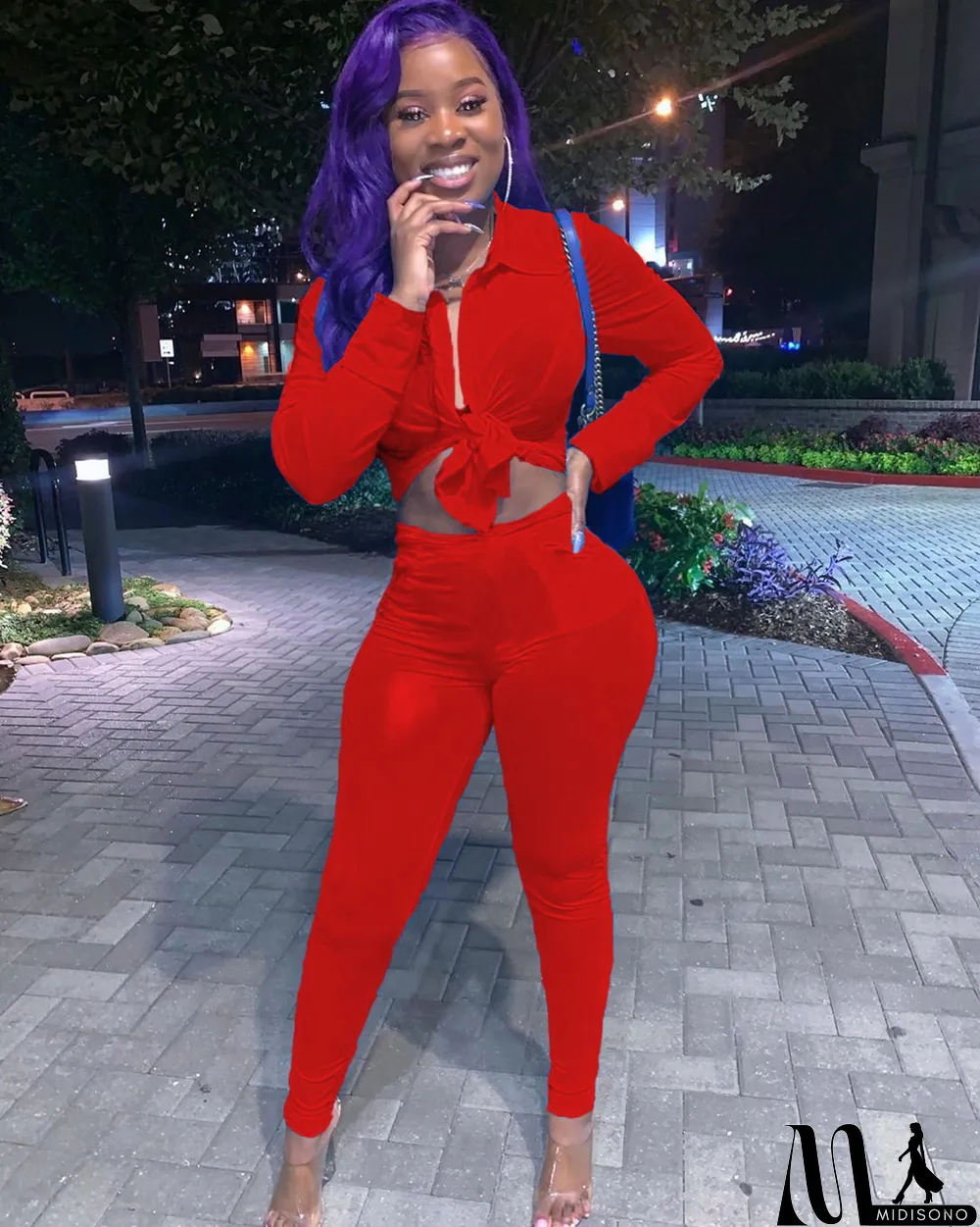 MidiSono - Solid Long Sleeve Tie Up Two Piece Pants Set