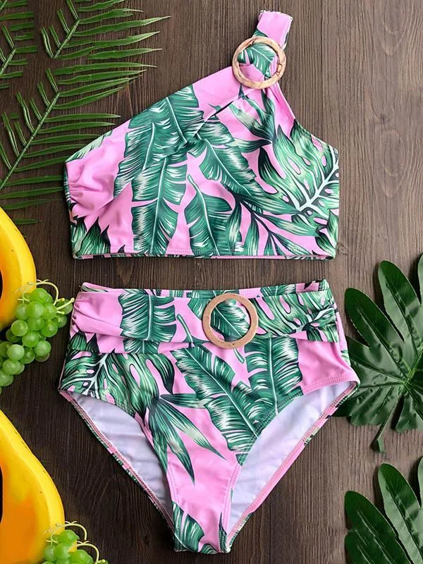 Floral-Print One-Shoulder Embellished Split Bikini Swimsuit