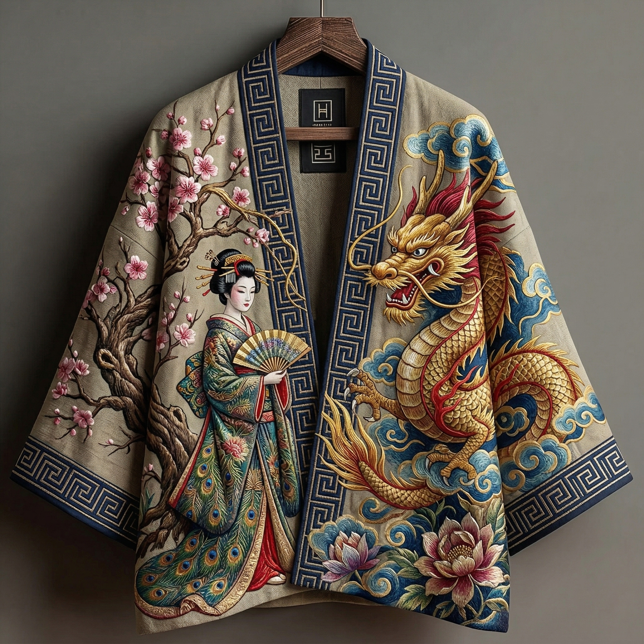 Retro Elegant Japanese Geisha And Dragon Art Linen Kimono elevenforest