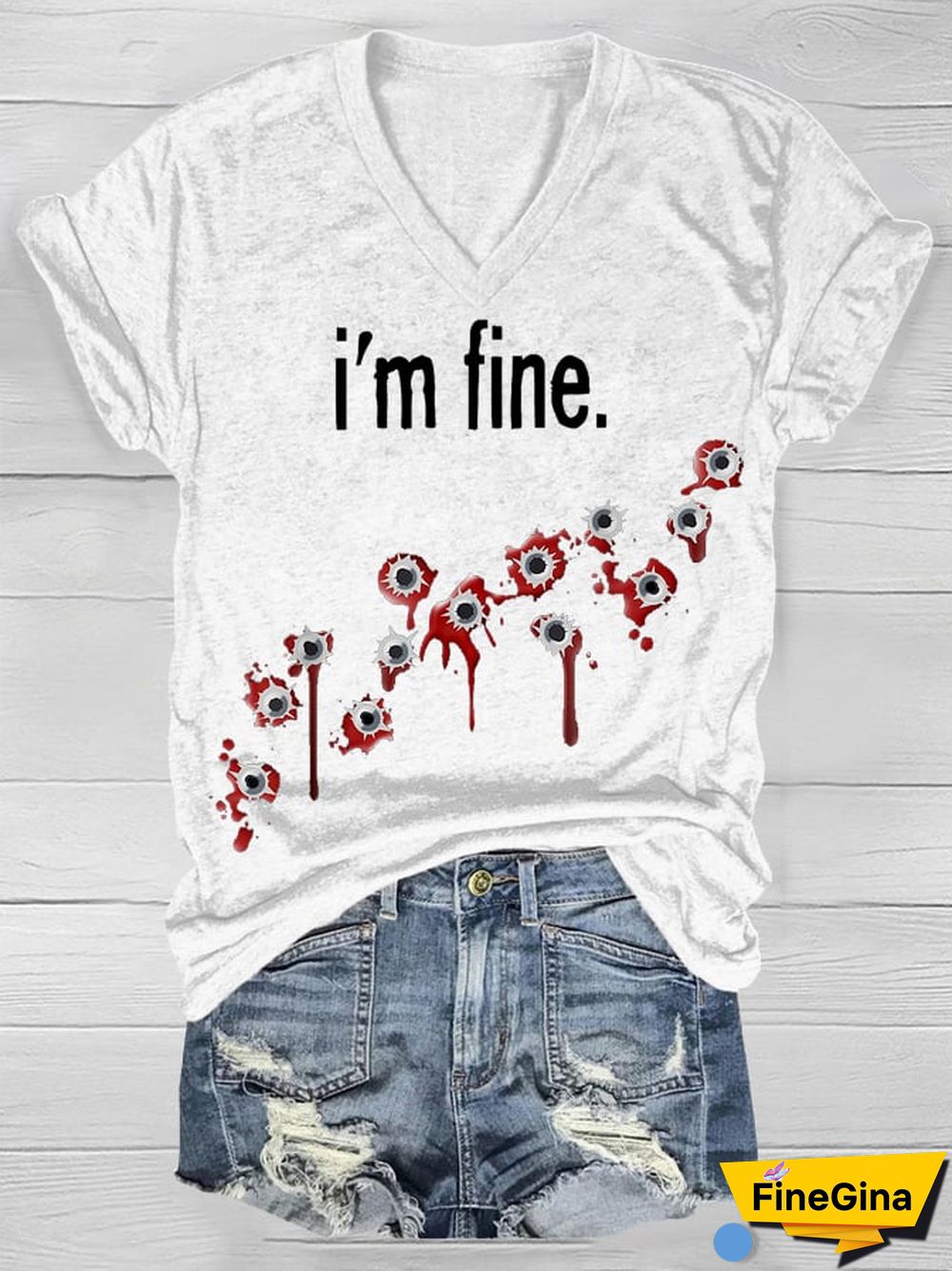 Halloween I'm Fine Bloody Print T-Shirt