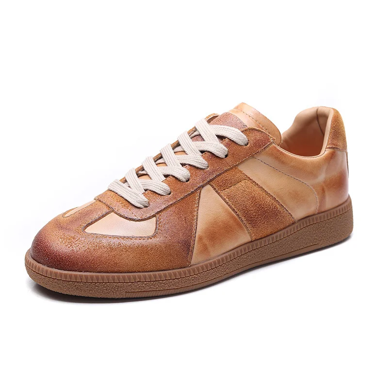Yyvonne Layer Of Cowhide Leather Hand Retro Training Casual Shoes Spring And Autumn New Round Head Flat Soft Bottom Tie