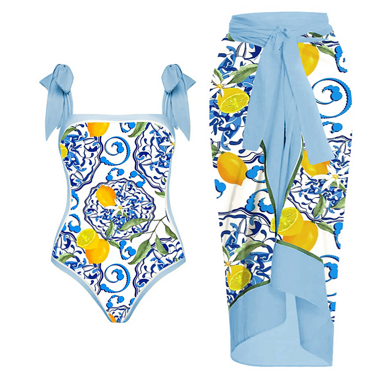 Plus Size Lemon Print Tie-shoulder One Piece Swimsuit and Sarong Flaxmaker