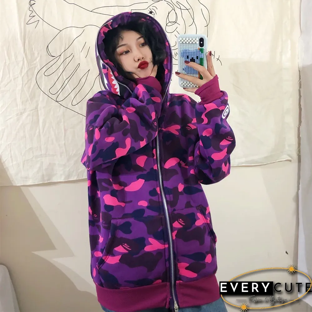Autumn & Winter New Fashion Brand Camouflage Shark Head Couple Loose Hooded Coat Sweater
