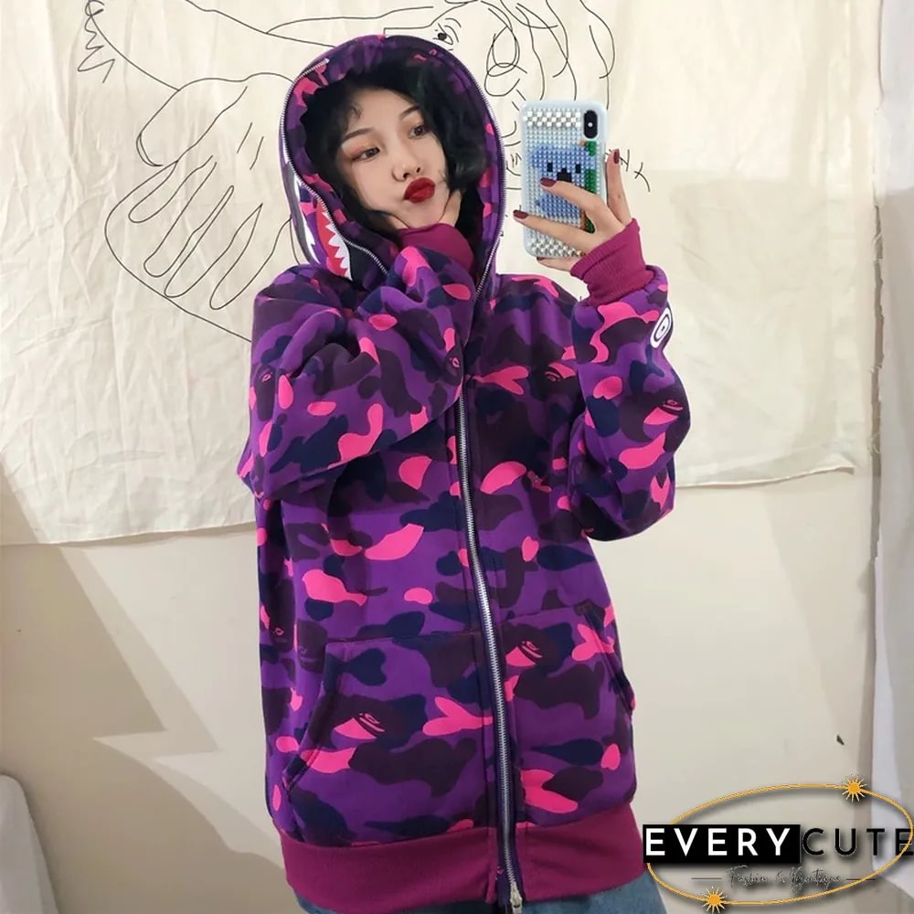 Autumn & Winter New Fashion Brand Camouflage Shark Head Couple Loose Hooded Coat Sweater