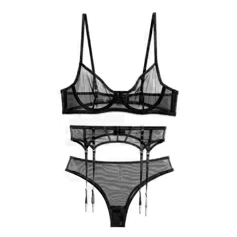 Billionm Lingerie French Ultra-thin Lace Bra Set Sexy Transparent Women Underwear Brief Garter Black Mesh Temptation Intimates