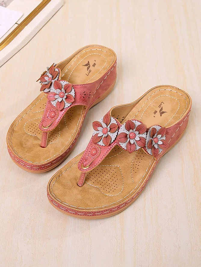 Casual Floral Lightweight Soft Sole Comfortable Mid Heel Wedge Flip-flops