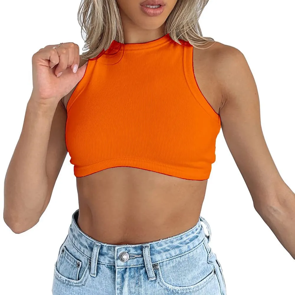 Uveng Uveng Women's New Women's Sexy Sleeveless Round Neck Rib Knit Vest Crop Top