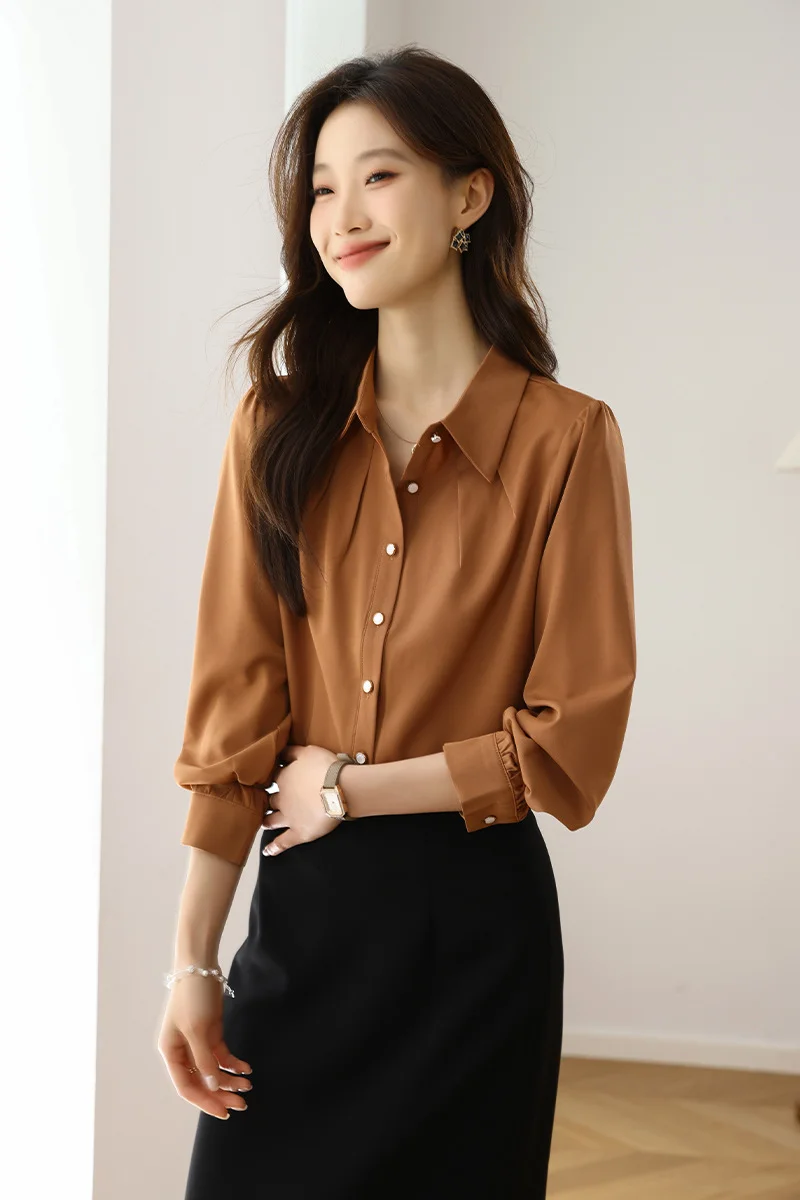 Athvotar Athvotar 2025 New Solid Color Shirt Slim Fashion Shirt Elegant Temperament Commuting OL Chiffon Shirt