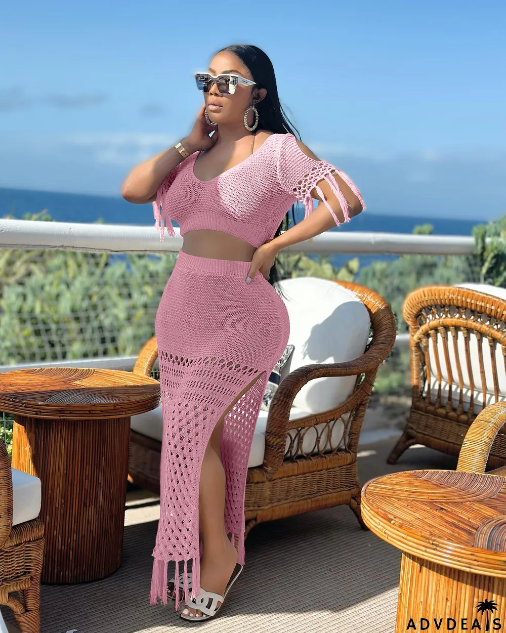 Ladies Casual Sexy Split Woolen Crochet Knitting Tassel Two-Piece Set