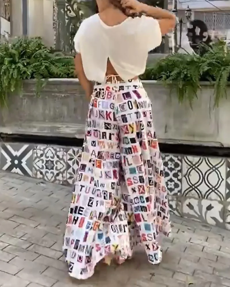 Solid Color Short Sleeve Top & Letter Print Wide Leg Pants Two Piece Set