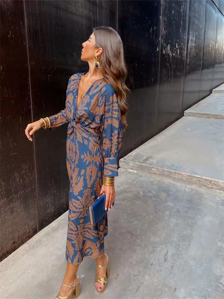 Women's Fall Printed Dresses Long Sleeve V-Neck Dresses-JRSEE