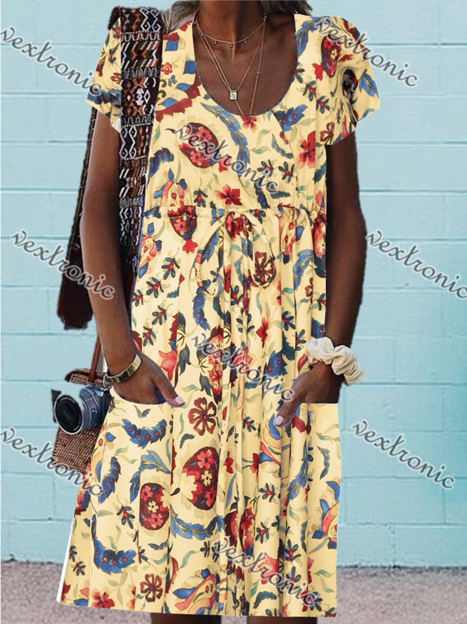 Women Half Sleeve V-neck Solid Color Dress