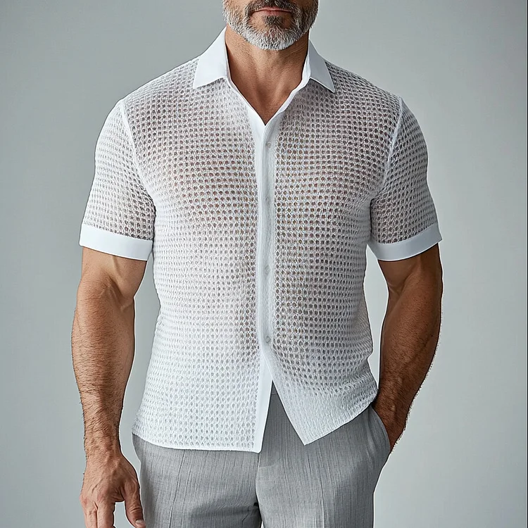 Men's Knit Hollow Out Button Short Sleeve Shirt