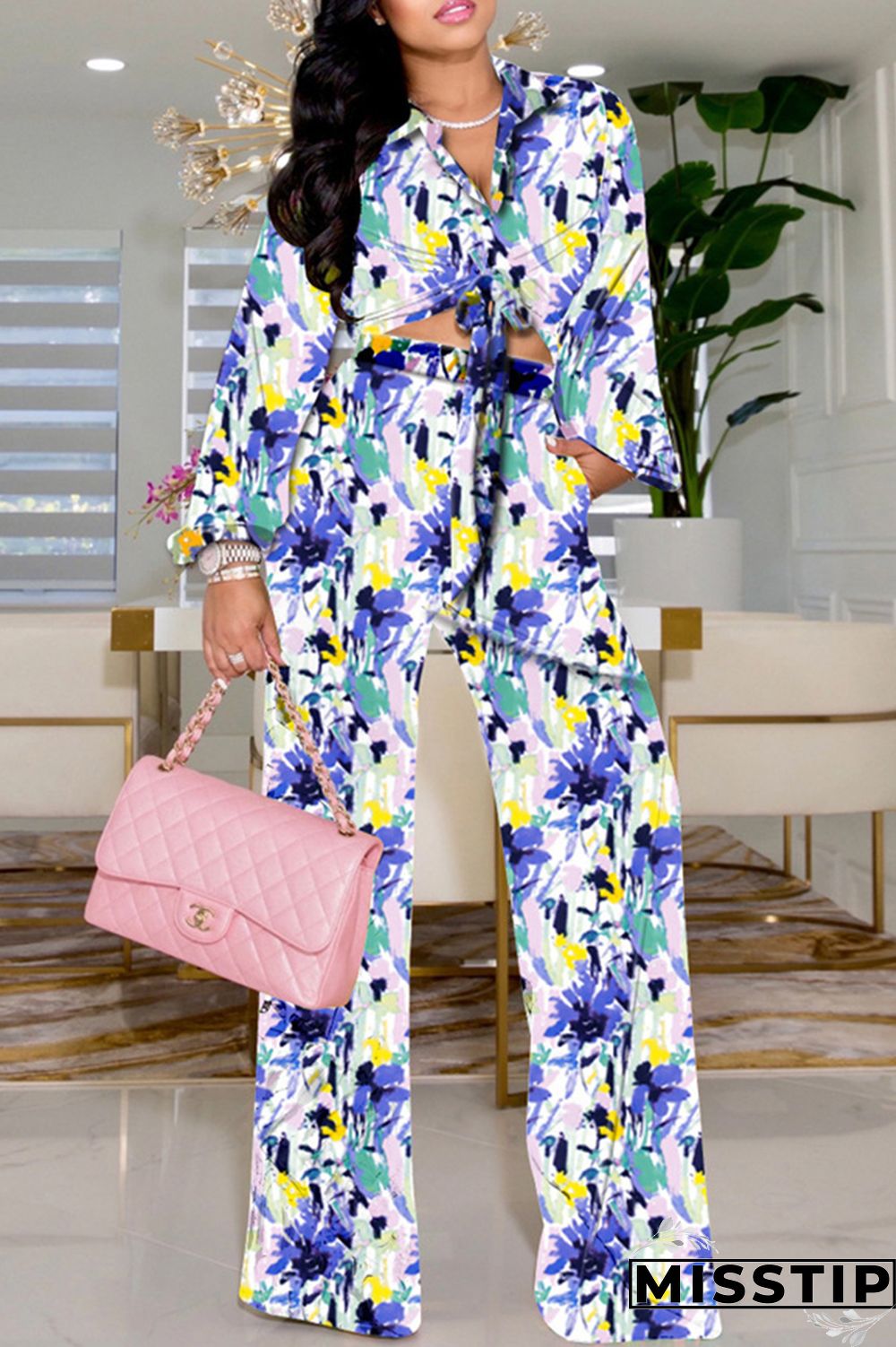 Purplish Blue Fashion Casual Print Bandage Turndown Collar Long Sleeve Two Pieces