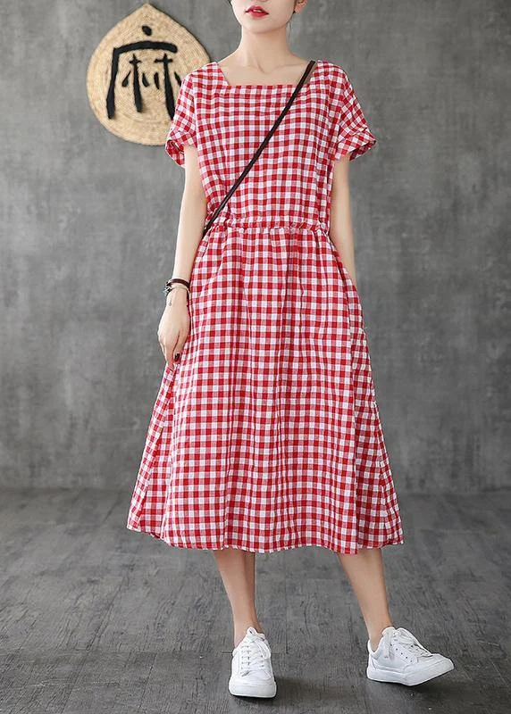 Handmade Square Collar patchwork cotton linen clothes For Women Shape red plaid Dress summer
