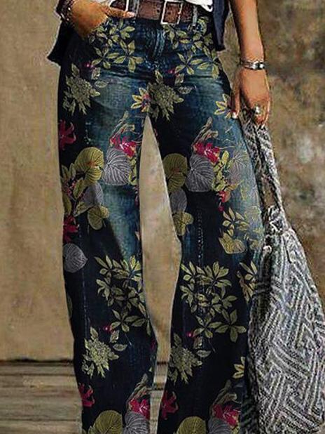 Jeans Floral Print Casual Wide-Leg Jeans for Women