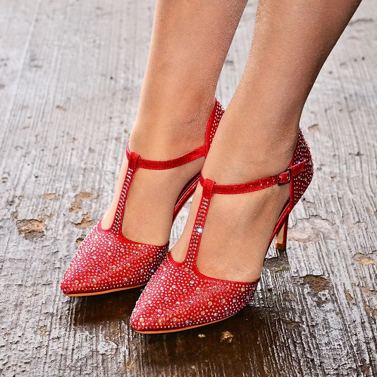 Red T Strap Heels Rhinestone Pointy Toe Pumps Shoes for Prom |FSJ Shoes
