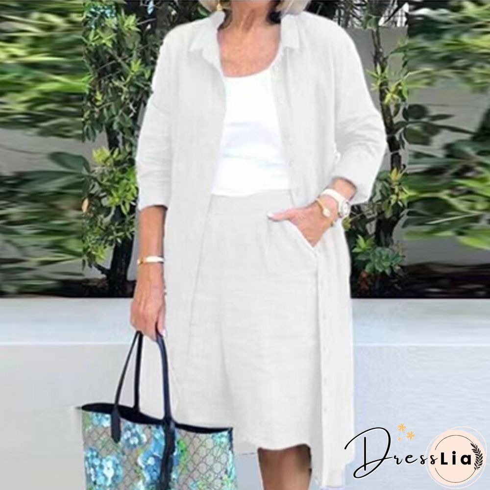 Cotton Linen Women 2Pcs Set Outfits Autumn Fashion Solid Loose  Casual Button Long Shirt Jacket+Straight Knee Shorts Suits Mujer