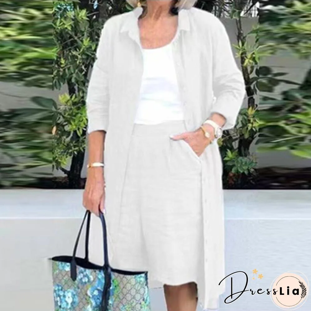 Cotton Linen Women 2Pcs Set Outfits Autumn Fashion Solid Loose  Casual Button Long Shirt Jacket+Straight Knee Shorts Suits Mujer