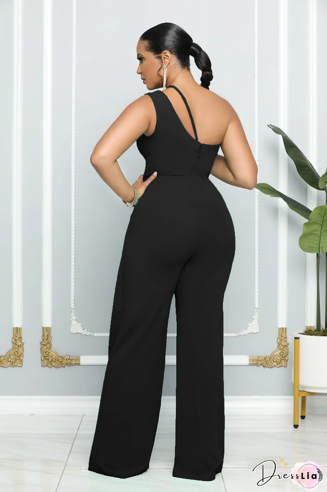 Elegant One Shoulder High Waist Straight Jumpsuit
