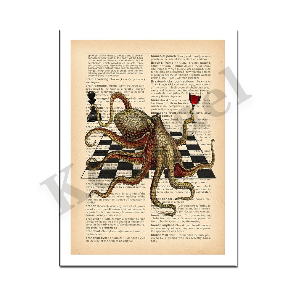 Tyrannosaurus Rex on Scooter Octopus Musician Octopus Chess Humor Sea Animal Illustration Wall Decor Vintage Canvas Painting