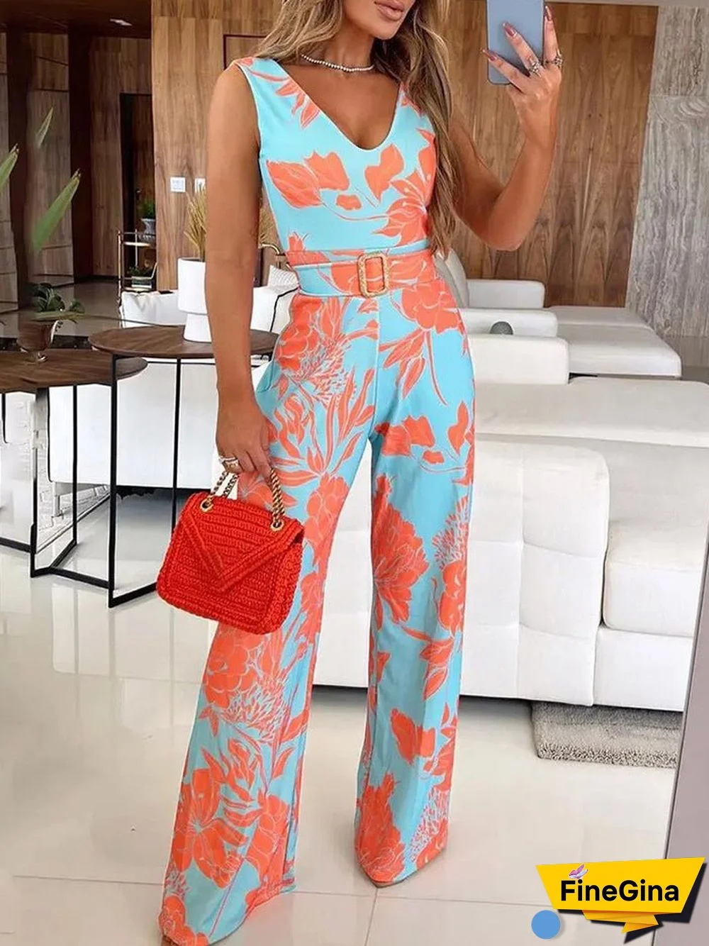 Women'S Jumpsuits Printed V-Neck Belted Sleeveless Slim Fit Jumpsuit