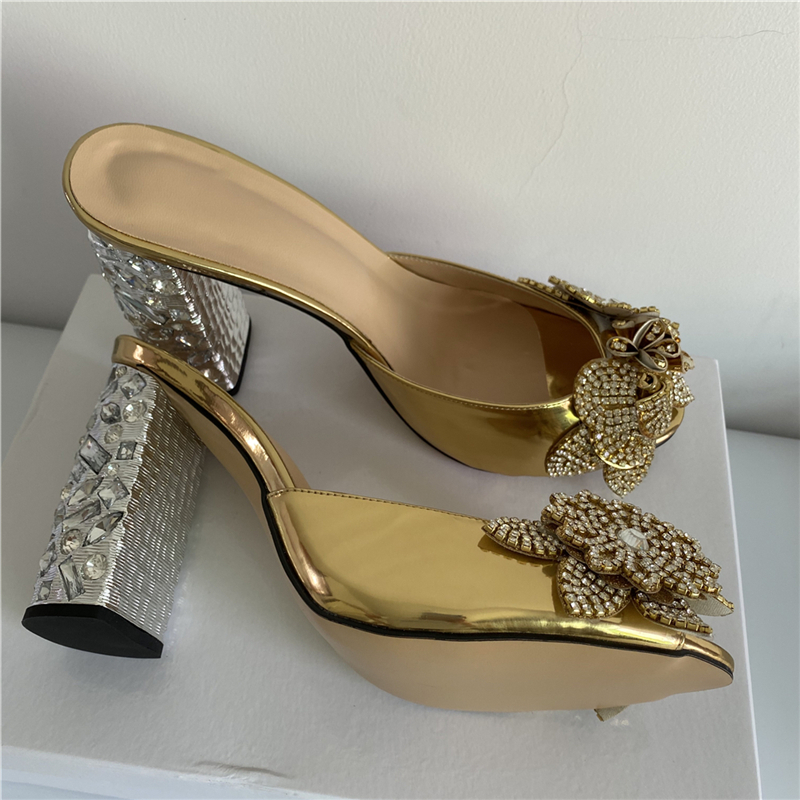 VCSHOES Diamond High Heel Party Shoes Woman Jeweled Rhinestone Flower Decor Gold Patent Leather Open Toe Sandals Women