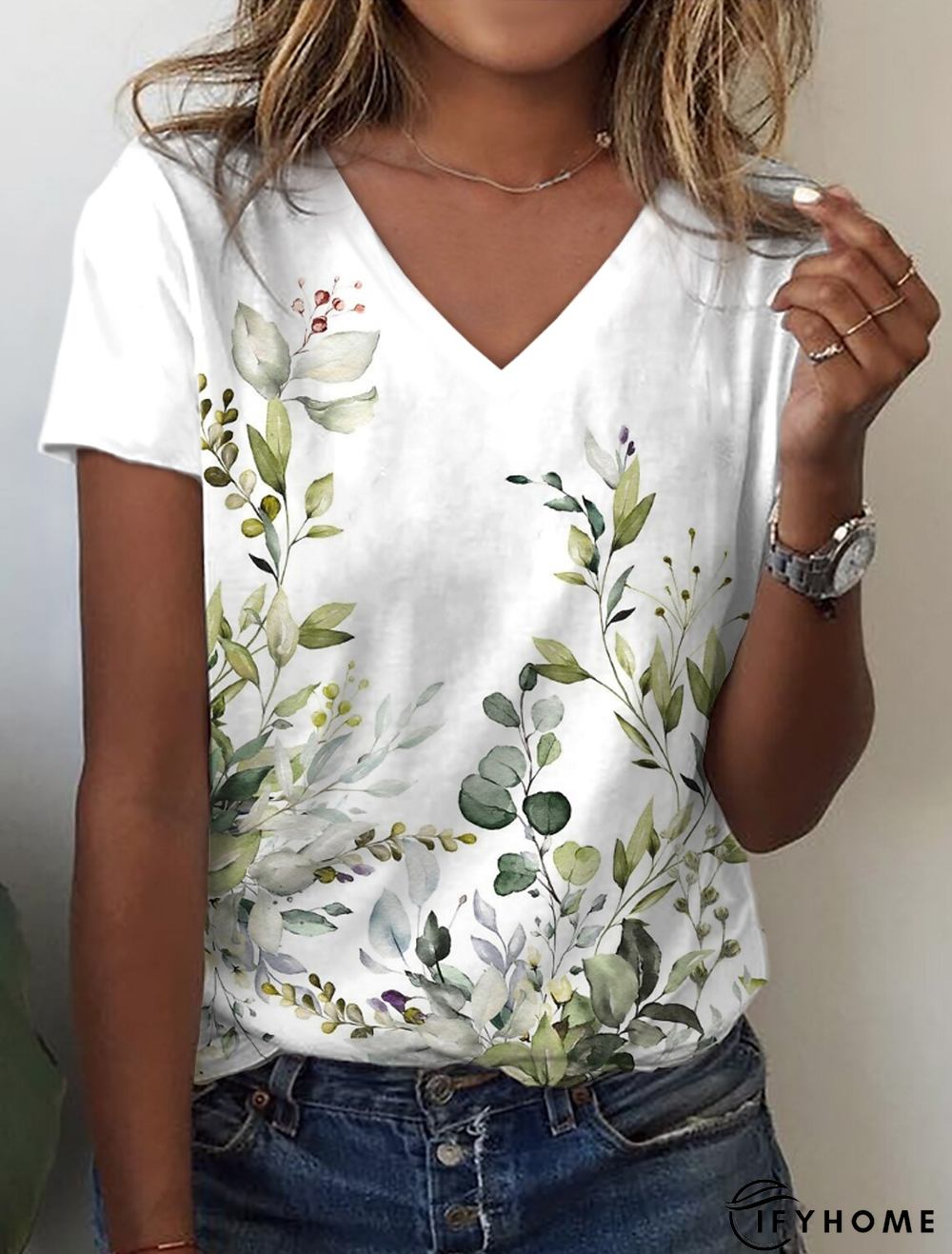 Leaves V neck Casual Short Sleeve T-Shirt | IFYHOME