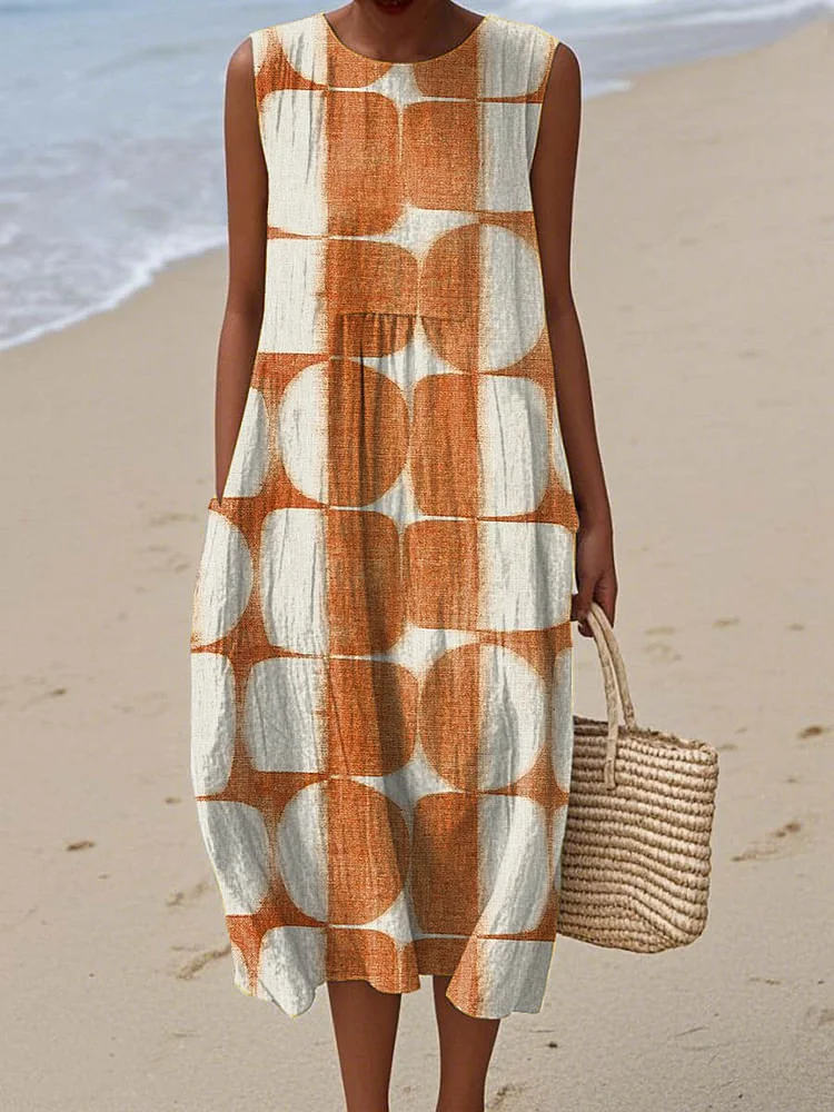 Women's Abstract Geometric Pattern Art Print Sleeveless Cotton Pocket Wrap Dress