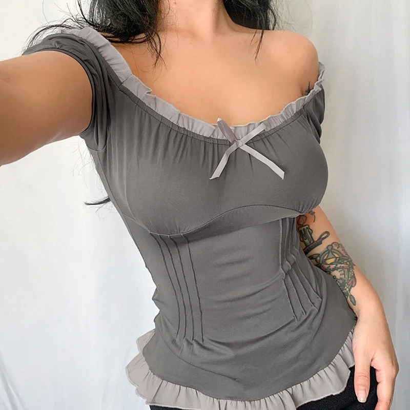 Rapcopter y2k Trim Grey Crop Top Bow Cute Sweet T Shirt O Neck Short Sleeve Pullovers Women Korean Chic Harajuku Tee Summer New