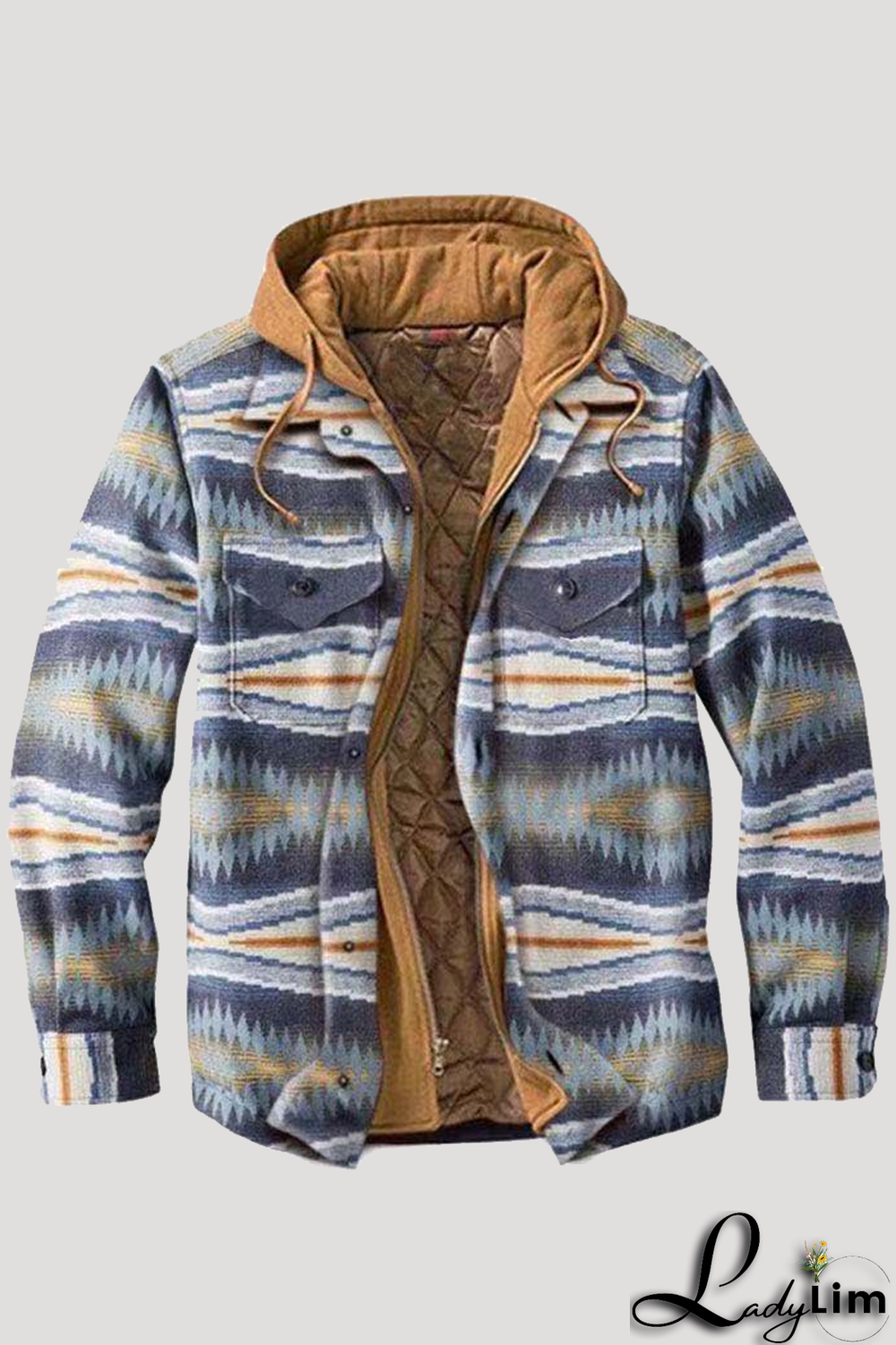Gray Blue Fashion Casual Print Split Joint Pocket Hooded Collar Outerwear