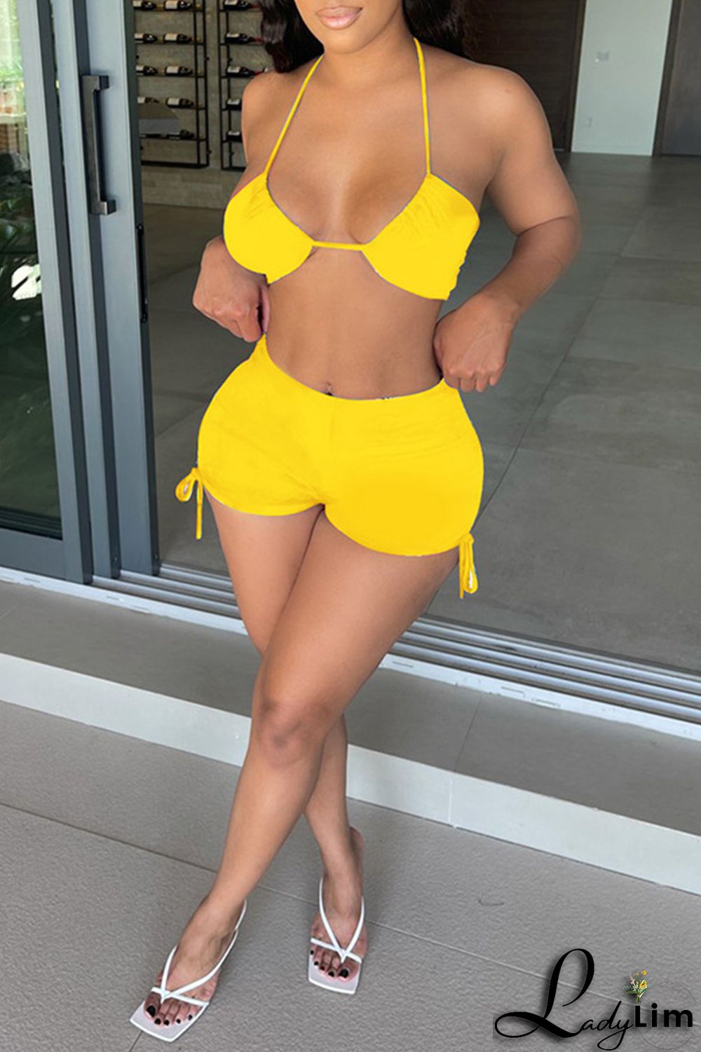 Black Fashion Sexy Solid Bandage Backless Halter Sleeveless Two Pieces