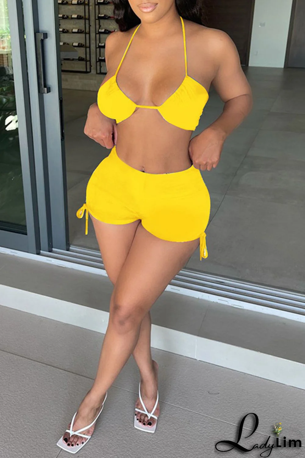 Black Fashion Sexy Solid Bandage Backless Halter Sleeveless Two Pieces