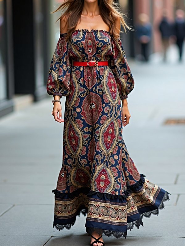 Colorful Print Off The Shoulder Long Sleeve Elegant Maxi Dress