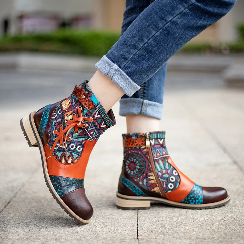 Handmade Leather Ankle Boots For Women Flower Embossed Rubber Bottom Slip-Proof Booties Brown