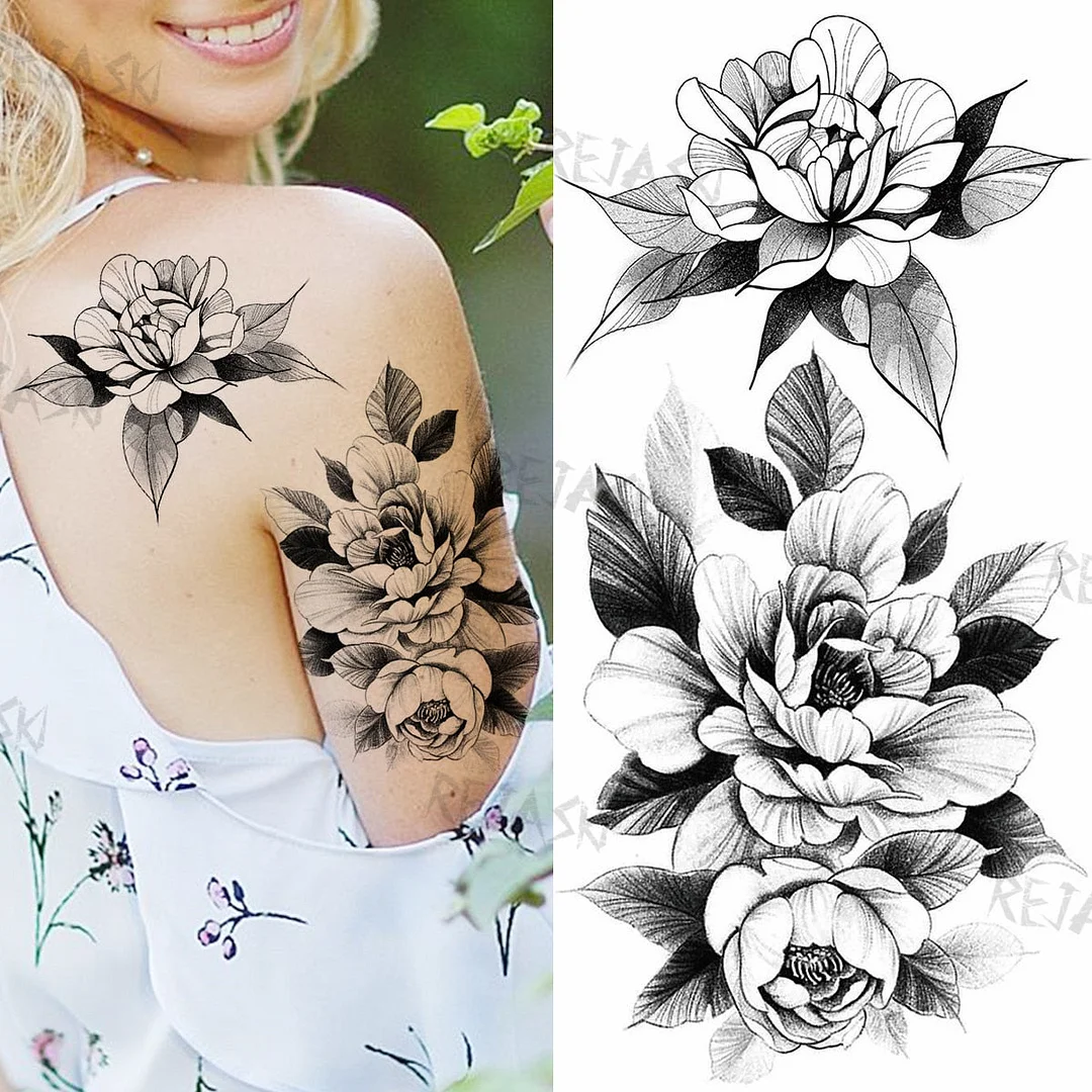Sexy Snake Flower Fake Temporary Tattoo For Women Black Sunflower Tattoos Bloosom Big Daisy Camellia Water Transfer Tatoos Legs