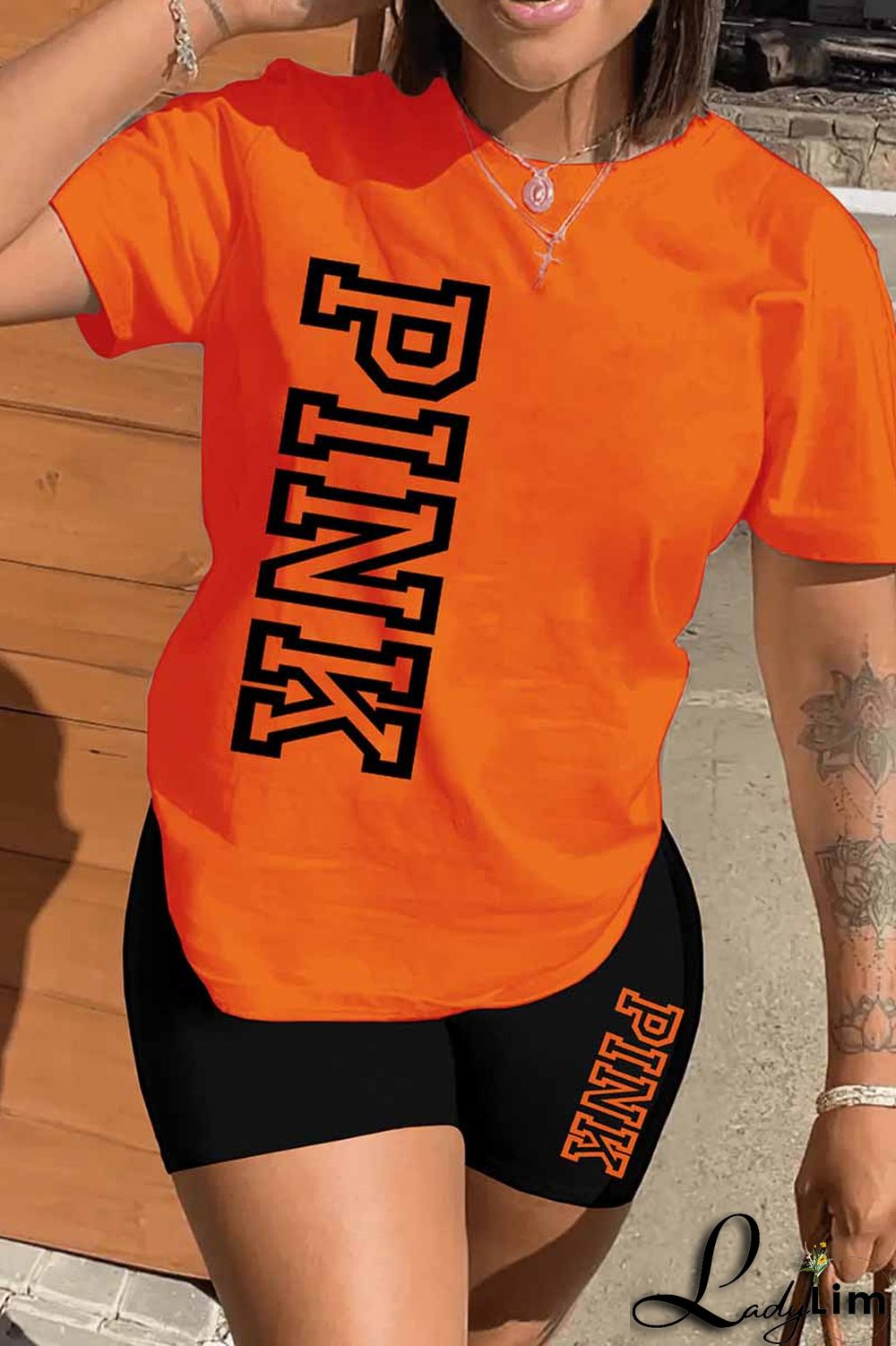 Black Casual Print Letter O Neck Short Sleeve Two Pieces