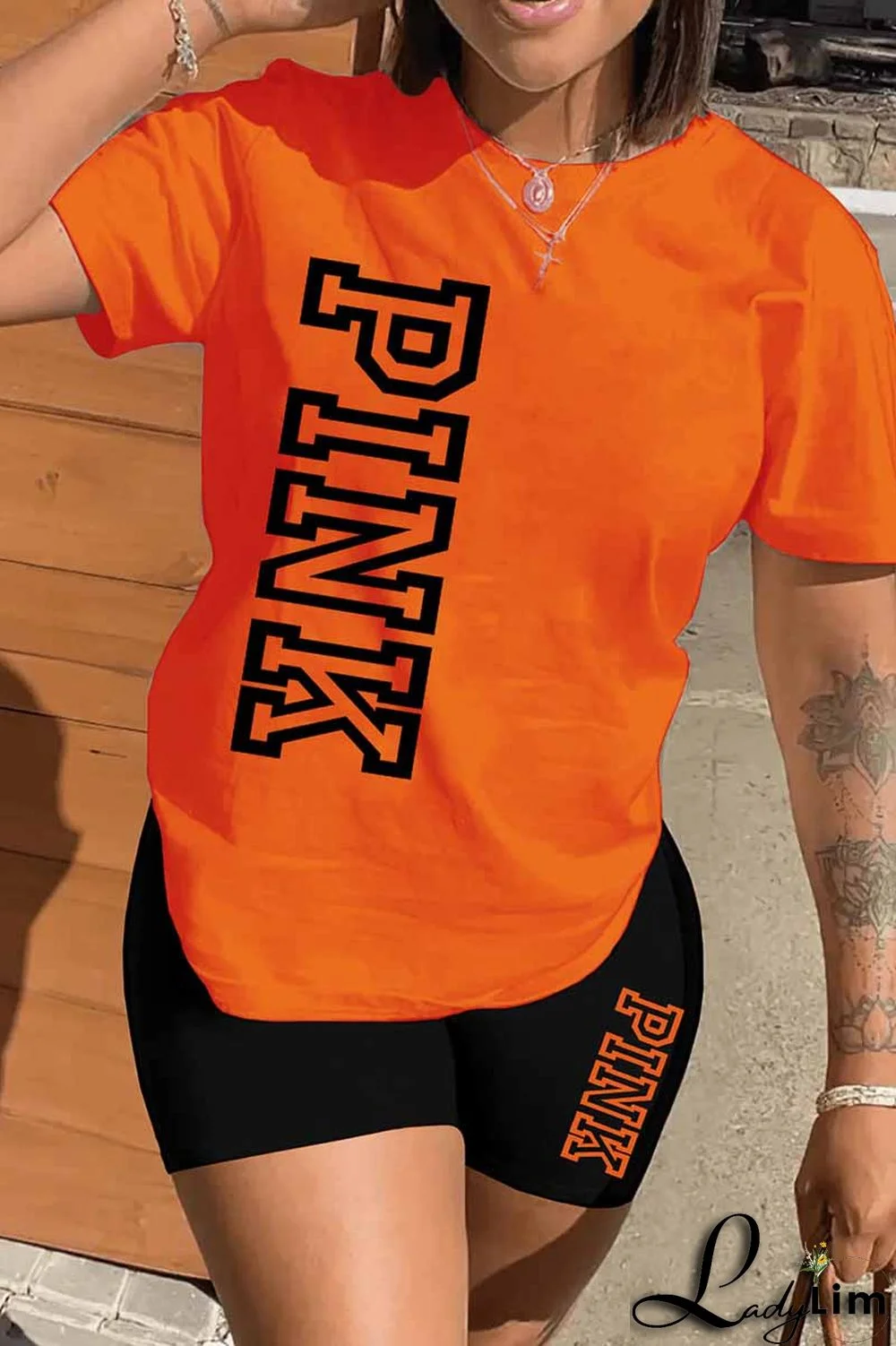 Black Casual Print Letter O Neck Short Sleeve Two Pieces