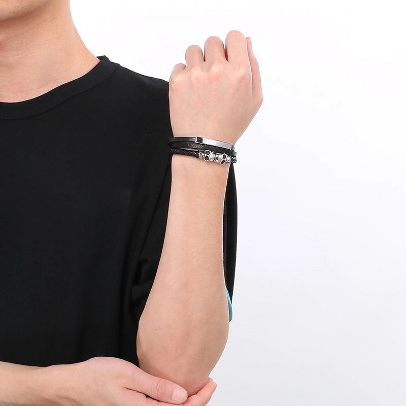 Business Skull 304 Stainless Steel Leather Layered Plating 18K Gold Plated Halloween Men’s Bangle