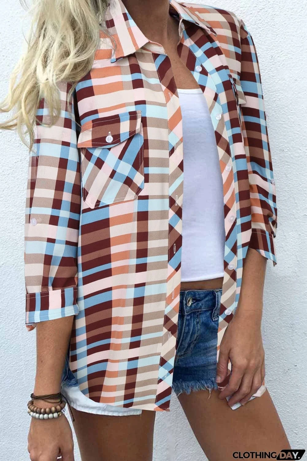 Multi-color Plaid Button Long Sleeve Pocket Shirt