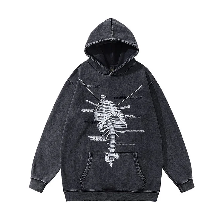 Hip Hop Skeleton Printed Hoodie Gothic Streetwear Y2k Zipless Pocket Hoodie at Hiphopee