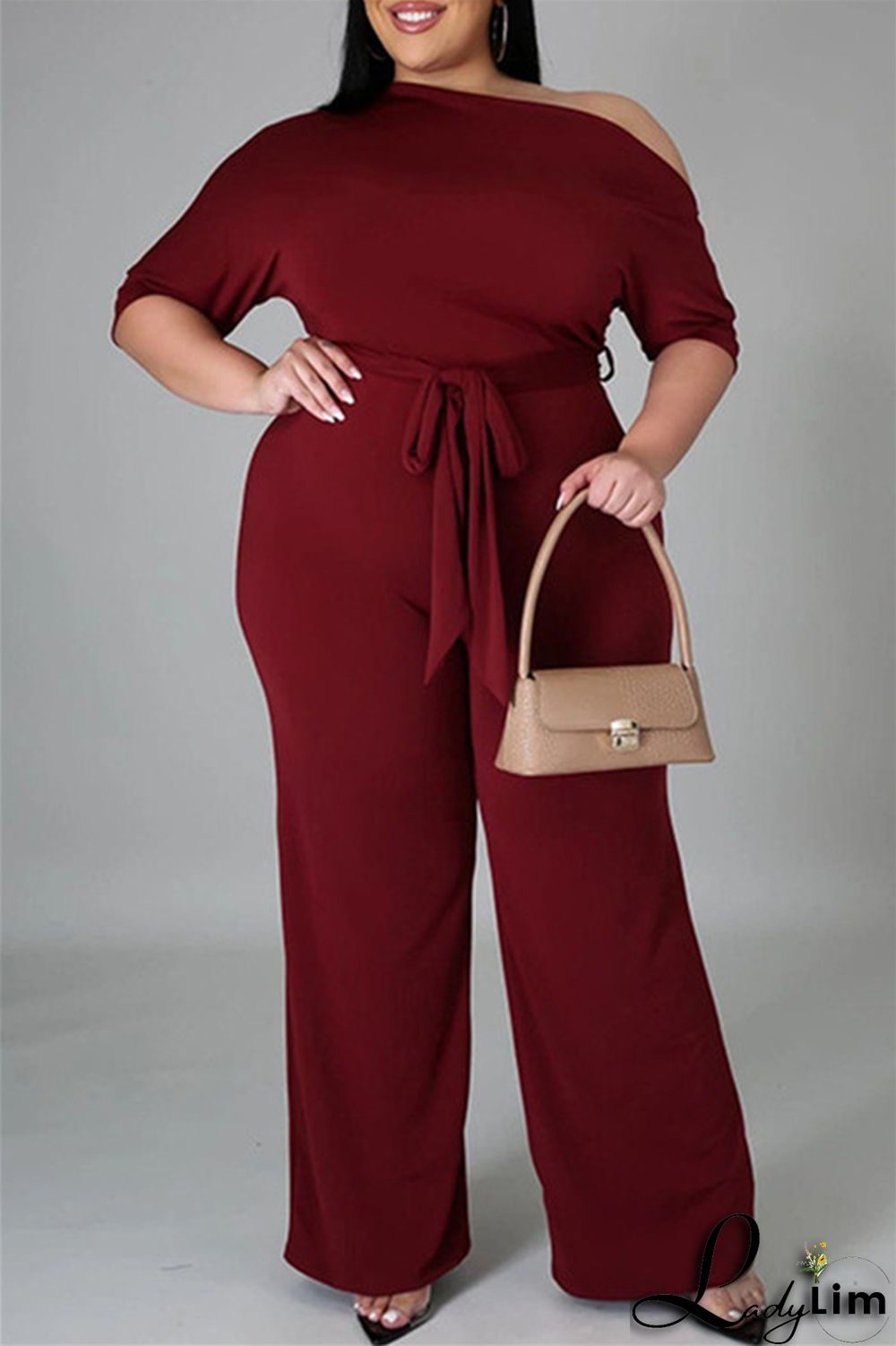 Red Fashion Casual Solid Basic Oblique Collar Plus Size Jumpsuits