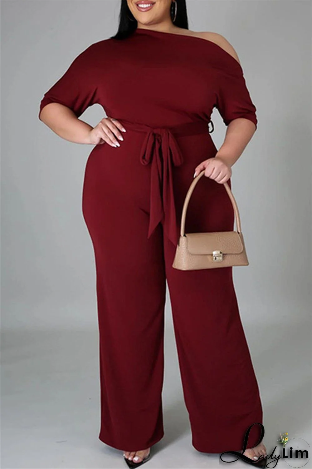 Red Fashion Casual Solid Basic Oblique Collar Plus Size Jumpsuits