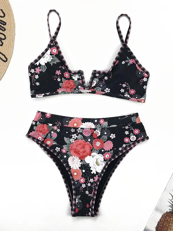 Floral-Print V-Neck Split Bikini Swimsuit