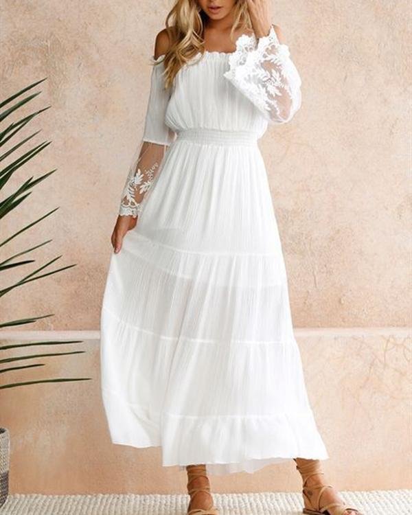 Women Long Sleeve Off Shoulder Elegant Chiffon Solid Lace Dress