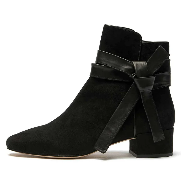 Black Vegan Suede Boots Bow Chunky Heel Ankle Boots |FSJ Shoes