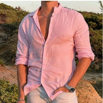 Men's Solid Color Cardigan Lapel Long Sleeve Shirt